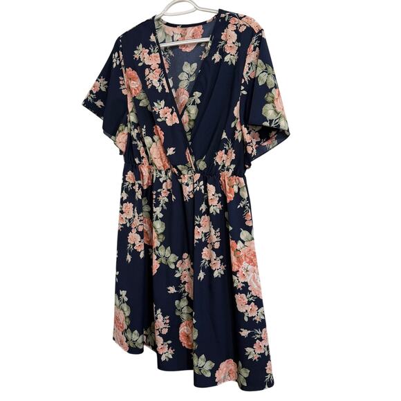 SHEIN Curve 1x Dark Blue Floral Dress Women Knee Shin Length Plus Size Gown - Picture 2 of 4